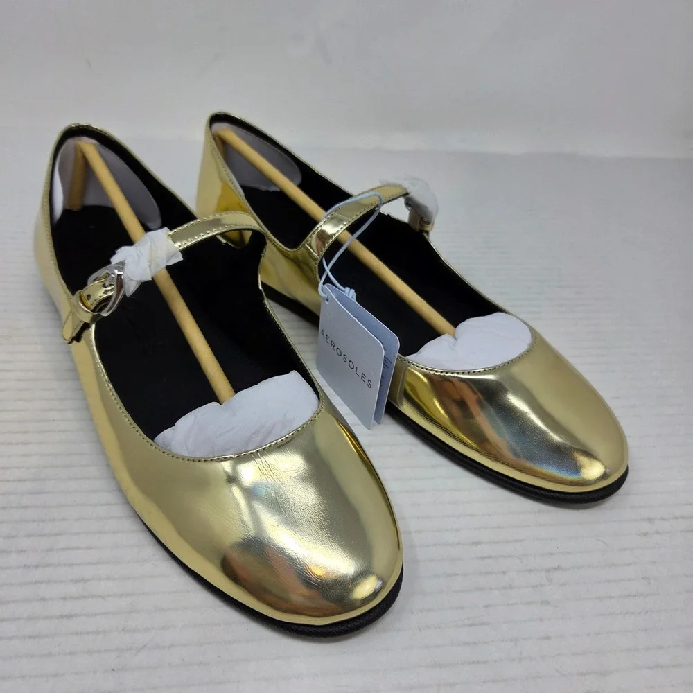 Aerosoles Ferry Flats Womens 8 Gold Metallic‎ Mary Jane Buckle Classic Glam NWT